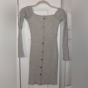 Off shoulder button up dress.